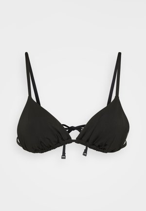 Top de bikini triangular preto feito de tecido suave, com alças ajustáveis e um detalhe de laço em cruz na parte frontal.