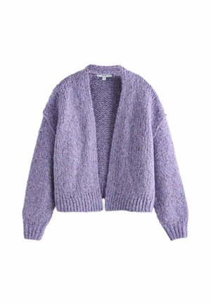 Grober Strick-Lavendelcardigan mit langen Ärmeln, offenem Vorderteil sowie gerippten Bündchen und Saum, entworfen für Wärme und Komfort.