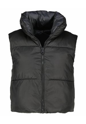 Veste noire matelassée sans manches avec col haut et fermeture éclair centrale à l'avant, conçue pour la chaleur et une tenue décontractée.