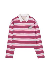Langärmliges, kurz geschnittenes Poloshirt in rosa-weißen Streifen. Mit einem weißen Kragen und gesticktem Detail "Trouble Maker" auf der Brust.