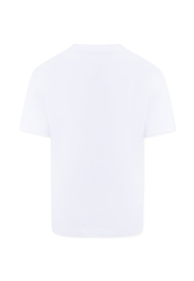 Biała bawełniana koszulka z krótkim rękawem, okrągłym dekoltem i gładką fakturą, bez widocznych wzorów czy zdobień.