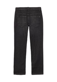 Schwarze Jeans aus Denim mit geradem Bein, ausgestattet mit zwei Gesäßtaschen und einem normalen Bund. Glatte Textur mit leichtem Glanz.