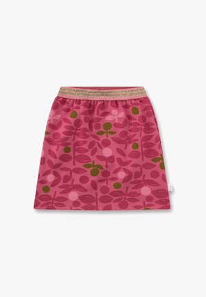 Rosa Rock mit elastischem Bund, der mit horizontalen, glänzenden goldenen und rosa Streifen verziert ist, geschmückt mit abstrakten Blatt- und Beerenmustern in Grün und dunkelpink.