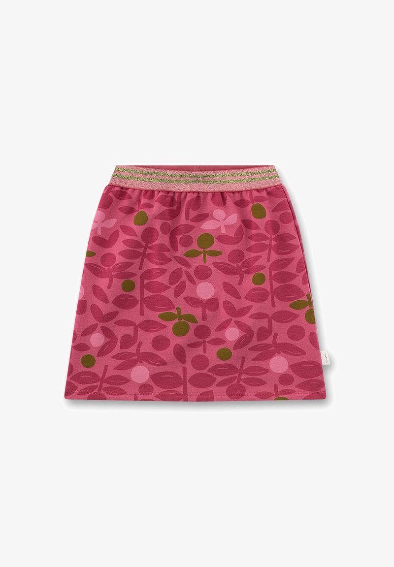 Rosa Rock mit elastischem Bund, der mit horizontalen, glänzenden goldenen und rosa Streifen verziert ist, geschmückt mit abstrakten Blatt- und Beerenmustern in Grün und dunkelpink.