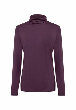 Fialová dlouhá trika s rolákem vyrobená z měkké tkaniny, s volným střihem a splývavým límcem. Hladká textura, jednoduchý design, bez vzorů.