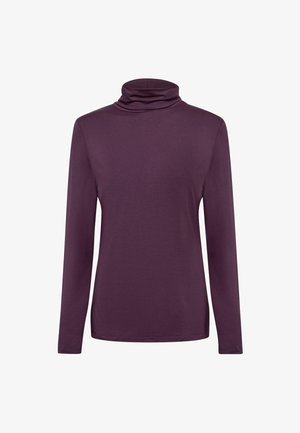 Lilla pikkade varrukatega kõrge kaelusega särk, mis on valmistatud pehmest kangast, lõdva lõikega ja langeva kaelusega. Sile tekstuur, lihtne disain, ei ole mustreid.