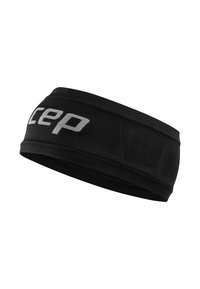 Black elastic headband with textured fabric and a stitched logo in gray. Sleek design, suitable for sports or outdoor activities.