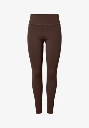 Braune Leggings mit hohem Bund, aus dehnbarem Stoff gefertigt, mit glatter Textur und ohne sichtbare Muster oder Beschläge.