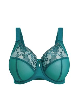 Sostén teal con detalles de encaje floral, estructura con aros y copas de malla. Cuenta con tirantes ajustables y un lazo decorativo central.