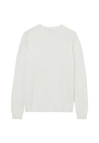 Maglione bianco lavorato a maglia con collo a giro, maniche lunghe e polsini a costine. Presenta una trama testurizzata e un design senza cuciture sulle spalle.