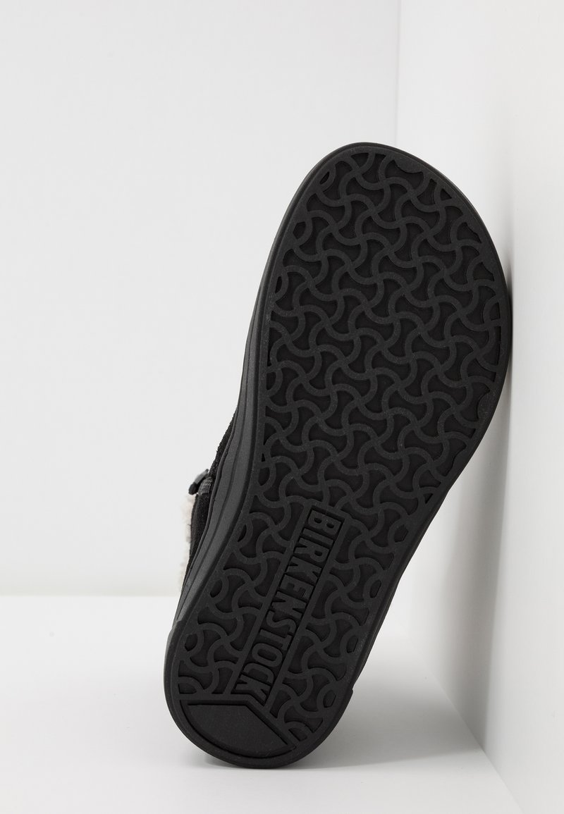 Sohle eines schwarzen Birkenstock-Schuhs mit gemustertem Profil und sichtbarem Markennamen vor weißem Hintergrund.