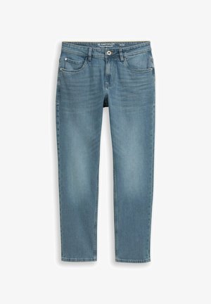 Hellblaue Jeans aus Denim mit Vordertaschen, Gürtelschlaufen, Knopfverschluss und subtilen Verblassungen an Oberschenkeln und Knien.