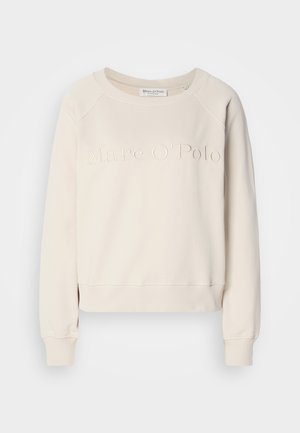 Beige bomulds sweatshirt med raglanærmer, ribbede manchetter og kant, med prægede "Marc O’Polo" logo på forsiden. Rund halsudskæring.