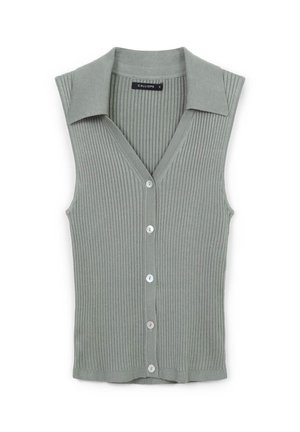 Gilet senza maniche grigio chiaro a costine con colletto e cinque bottoni bianchi sul davanti, taglia S.