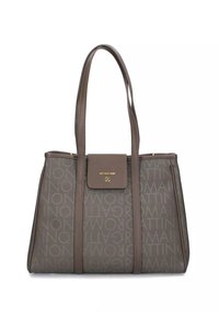 Borsa a tracolla grigia con superficie testurizzata, caratterizzata da un motivo a logo sovrapposto, manici doppi, un gancio in metallo dorato e una forma strutturata.