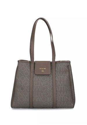 Borsa a tracolla grigia con superficie testurizzata, caratterizzata da un motivo a logo sovrapposto, manici doppi, un gancio in metallo dorato e una forma strutturata.