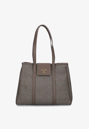 Borsa a tracolla grigia con superficie testurizzata, caratterizzata da un motivo a logo sovrapposto, manici doppi, un gancio in metallo dorato e una forma strutturata.