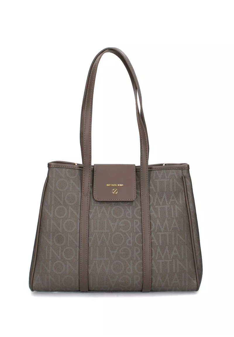 Borsa a tracolla grigia con superficie testurizzata, caratterizzata da un motivo a logo sovrapposto, manici doppi, un gancio in metallo dorato e una forma strutturata.