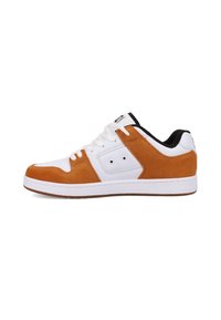 White and brown suede sneaker with a padded collar, lace-up design, and perforated accents, featuring a rubber sole and bold brand logo.