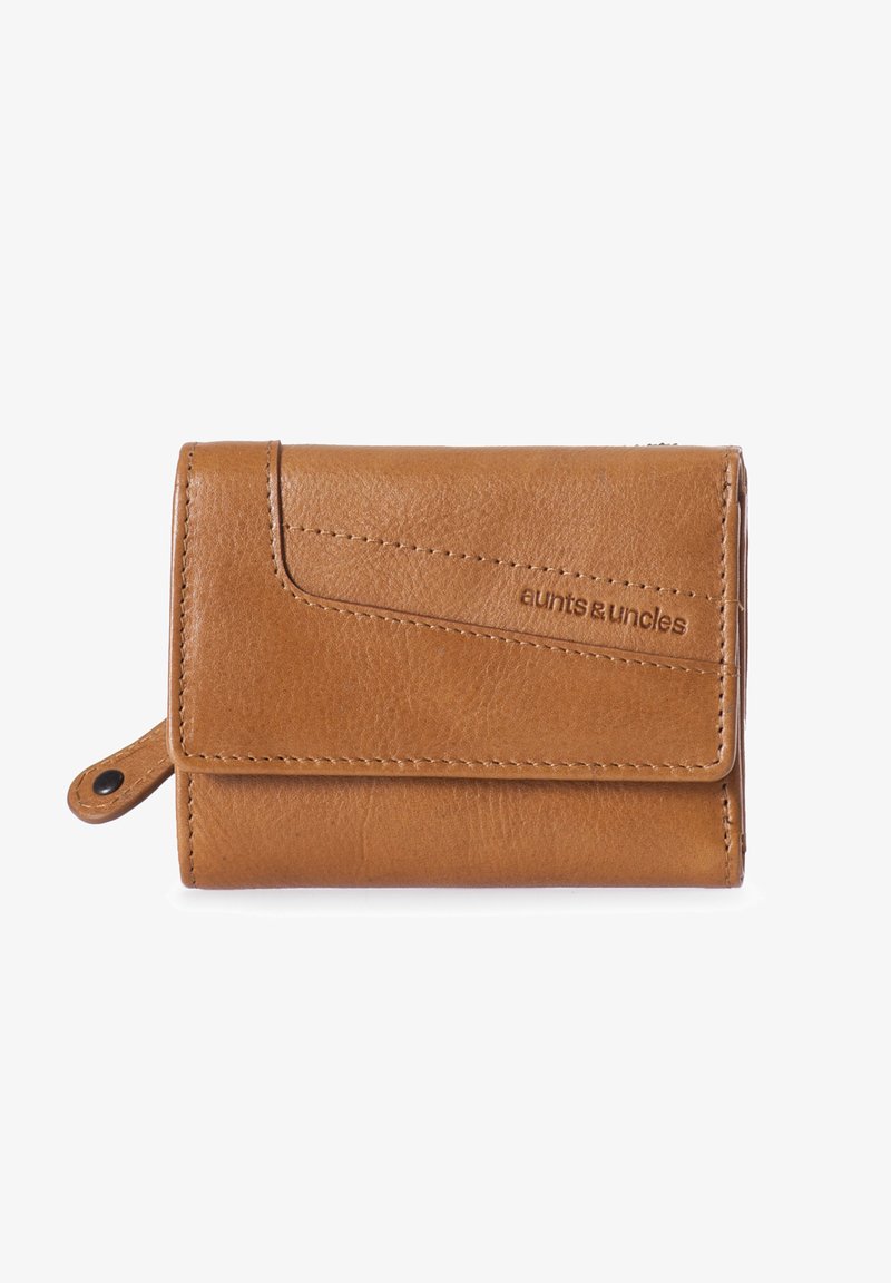 Brown leather wallet with a textured finish, featuring a folded flap, stitched accents, and a side zipper for extra storage.