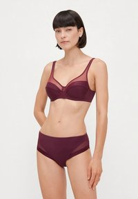 Vinrött underklädesset med en formgjuten bh med genomskinliga paneler och matchande högmidjade trosor, tillverkade av mjukt tyg.