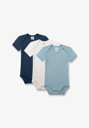 Three short-sleeve bodysuits in navy, white, and light blue. Made of cotton, they feature snap closures and a smooth texture.