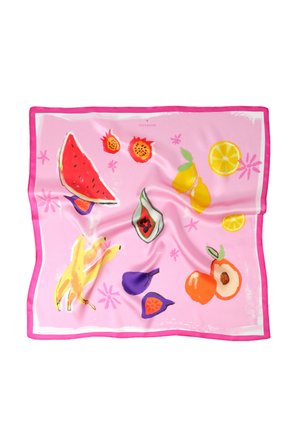 Różowy szalik z kolorowymi ilustracjami owoców, w tym arbuza, papai, cytryny, bananów, fig i brzoskwini, otoczony jaskraworóżową ramką.