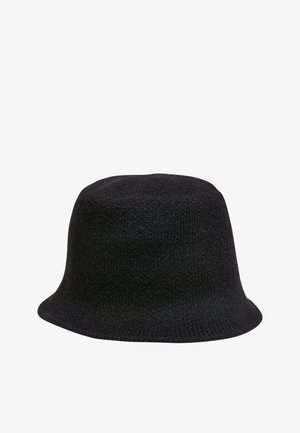 Black bucket hat made of textured fabric, featuring a rounded crown and a wide, slightly upturned brim. Simple and monochromatic design.