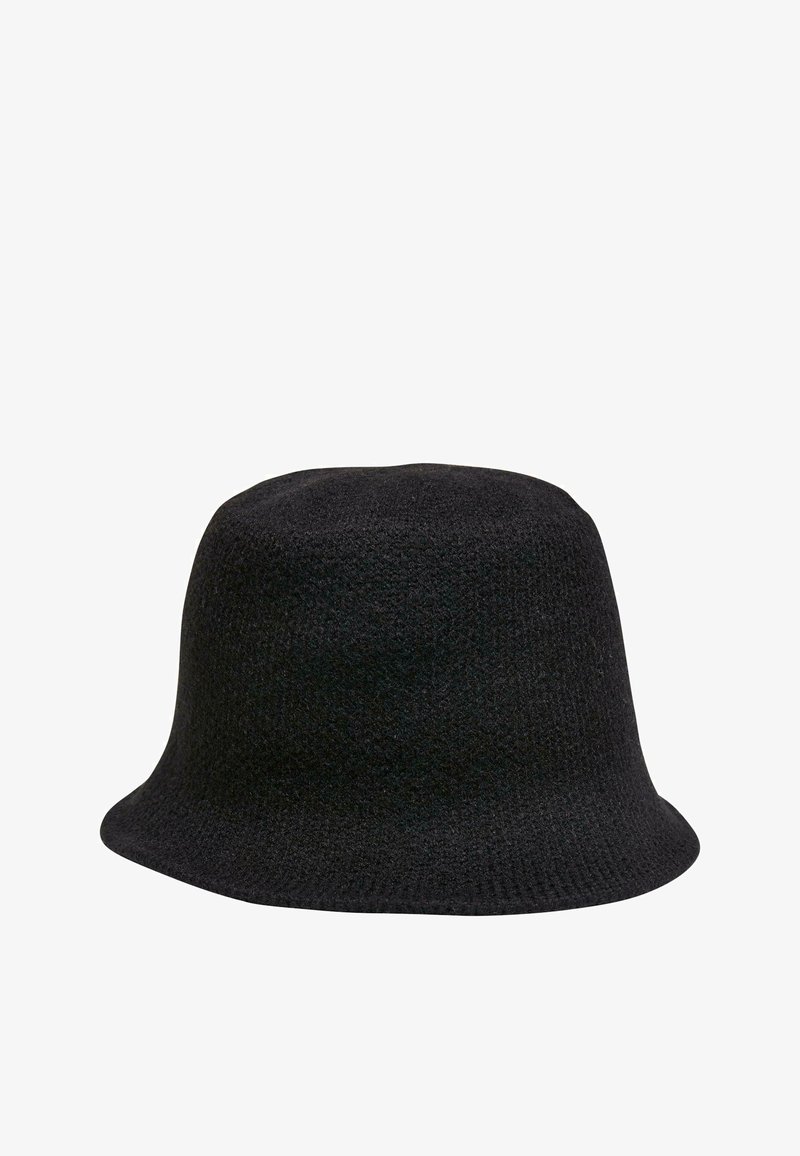 Schwarzer Bucket Hat aus strukturiertem Stoff, mit runder Krone und breitem, leicht nach oben gebogenem Schirm. Einfaches und monochromes Design.