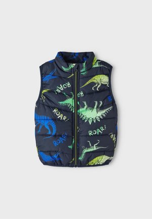 Marineblå polstret vest uden ærmer med grønne og blå dinosaurprint samt teksten "ROAR!", lynlås foran og høj krave.