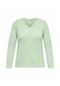 Pull vert clair à manches longues en maille avec col en V, présenté à plat sur un fond blanc.