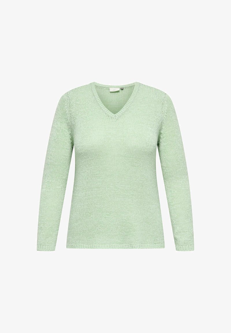 Pull vert clair à manches longues en maille avec col en V, présenté à plat sur un fond blanc.