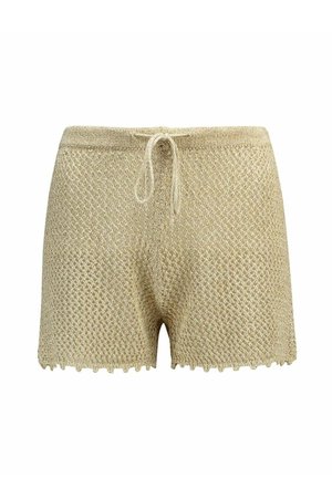 Pantaloncini beige in maglia con orlo smerlato e vita con coulisse, caratterizzati da un motivo a trama aperta e strutturata.