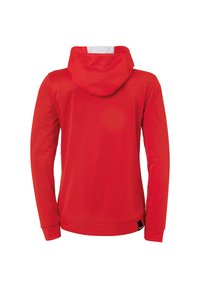 Rode hoodie, gemaakt van gladde stof. Heeft lange mouwen, een ontspannen pasvorm en een witte accent aan de achterkant van de capuchon.