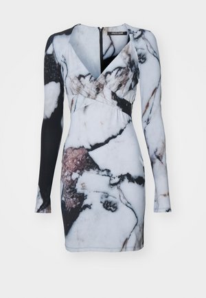 Long-sleeve dress featuring a marble print in white, black, and hints of pink, with a fitted silhouette and a deep V-neckline.