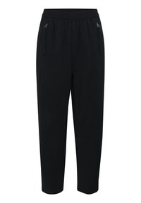 Pantaloni neri con waistband elasticizzato, dotati di due tasche laterali e dettagli di cucitura discreti. Realizzati in un tessuto liscio e leggero.