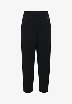 Crne hlače s elastičnim pojasom, s dva bočna džepa i suptilnim šavovima. Izrađene od glatkog, laganog materijala.