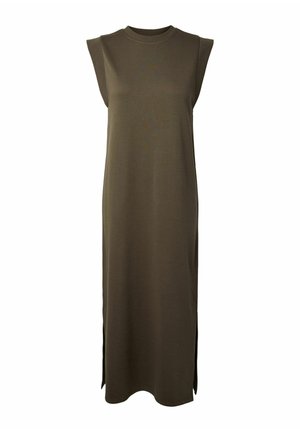 Robe maxi sans manches vert olive avec épaulettes, encolure ronde et fentes latérales à l'ourlet.