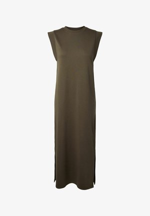 Robe maxi sans manches vert olive avec épaulettes, encolure ronde et fentes latérales à l'ourlet.