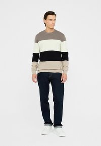 Maglione lavorato a maglia con righe orizzontali beige, crema, nere e blu navy. Collo a giro, polsini a coste, abbinato a jeans scuri e sneaker bianche.