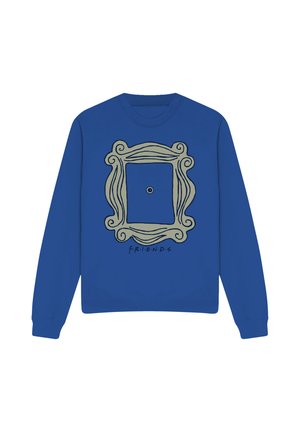Blue long-sleeve sweatshirt with a beige ornate door frame graphic and a small peephole in the center, with "F.R.I.E.N.D.S" text below.