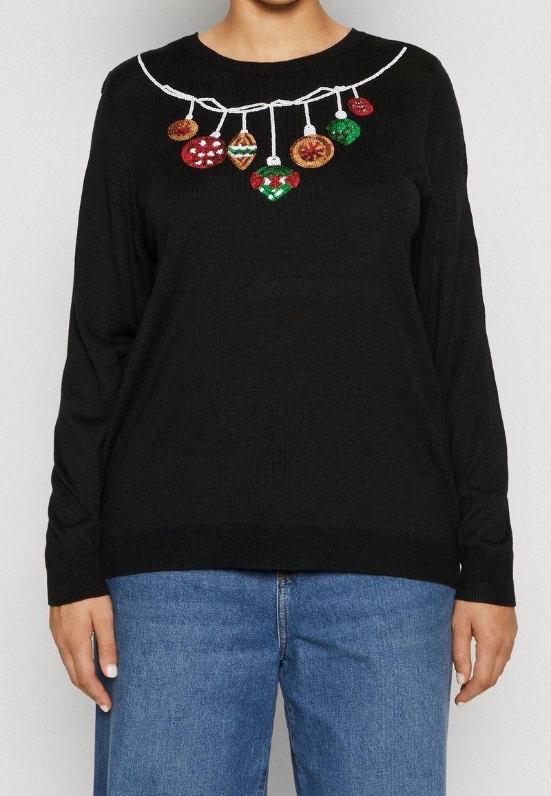 Black sweater with long sleeves and a round neckline. Features a white embroidered string with colorful ornament designs.