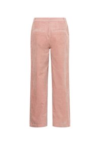 Pantalon en velours côtelé rose taille haute à jambes larges, vu de dos, avec passants pour ceinture et poches arrière à fente.