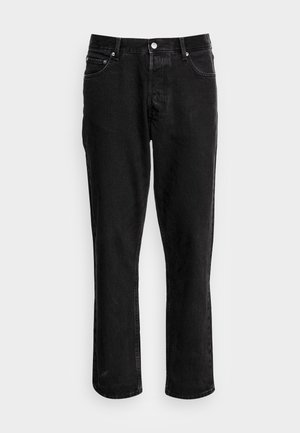 Schwarze Denim-Jeans mit geradem Schnitt, fünf Taschen und silbernen Beschlägen. Glatte Textur mit klassischer Passform. Keine sichtbaren Muster.