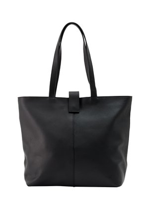 Sac cabas en cuir noir avec doubles bretelles et une petite fermeture à languette au centre en haut, présenté sur fond blanc.
