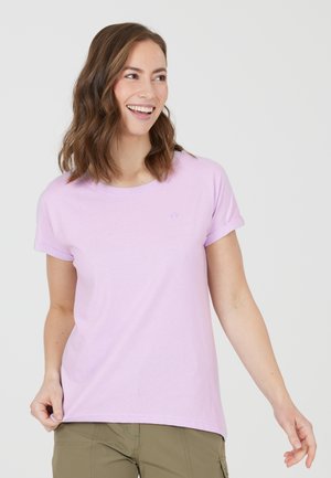 Lyse lilla bomulls t-shirt med rullede korte ærmer, rund halsudskæring og diskret grafisk detalje på brystområdet. Glat tekstur.