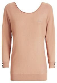 Maglione lavorato a maglia di un leggero rosa con scollatura ampia, maniche lunghe, orlo a coste e bottoni decorativi sui polsini. Logo discreto sul petto.