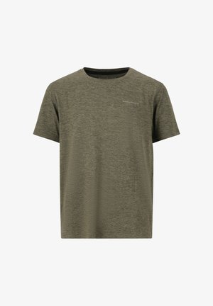 Olivgrünes T-Shirt mit kurzen Ärmeln aus strukturiertem Stoff. Mit rundem Ausschnitt und kleinem Logo auf der Brust.