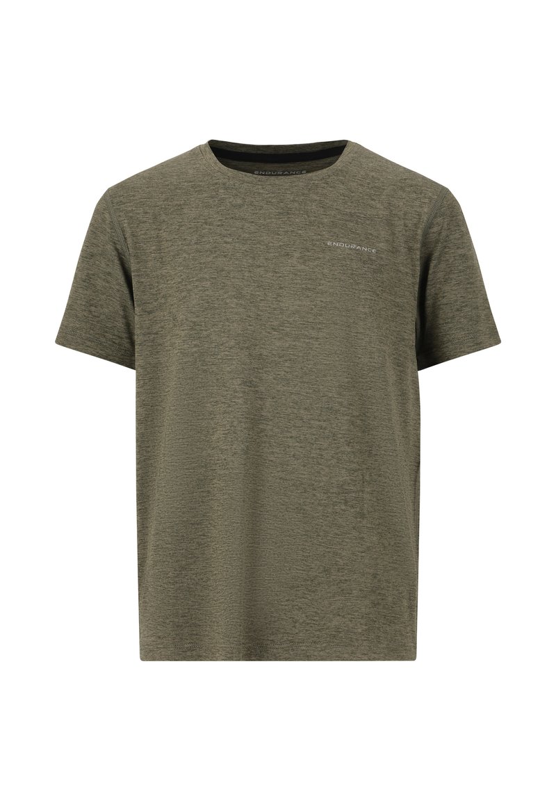 Öljyviher lyhythihainen t-paita, joka on valmistettu tekstuuristaan. Siinä on pyöreä kaula-aukko ja pieni logo rinnassa.