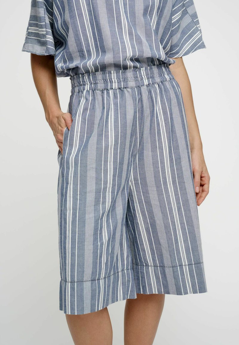 Femme portant un short ample bleu et blanc à rayures verticales, longueur genou, avec une taille élastique et un haut assorti à manches courtes.